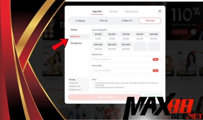 Ưu đãi của nhà cái Max88 khi nạp game qua thẻ cào